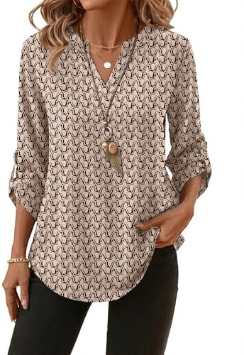 XIEERDUO Ladies Tops 3/4 Sleeve Summer Tops for Women UK V Neck Womens Blouses Roll Up Sleeve T Shirts with Button