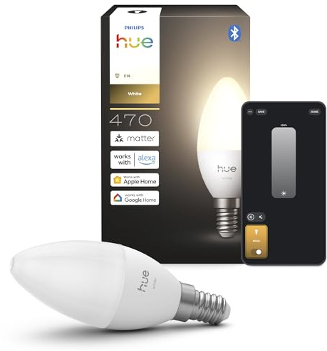 Philips Hue Smart LED-Lampe, B39, E14, 1er Pack, Warmes Weißlicht 2.700 K, 470 lm, Niedrig Dimmbar, Alexa, Google Home, Apple Home
