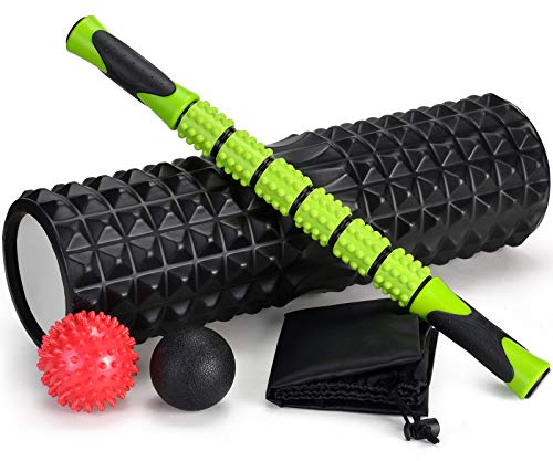 Odoland Schaumstoffrolle, 5 in 1 Massagerolle, Schaumstoffrolle mit Triggerpunkten + Muskelroller-Stick + Massagebälle + Tragetasche für Crossfit, Pilates
