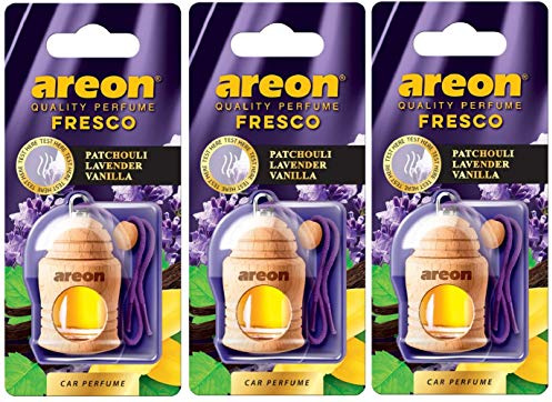 AREON Fresco Auto Duft Patchouli Lavendel Vanille Violett Glas Duftflakon Flakon Holz Hängend Anhänger Spiegel 4ml (Pack x 3)