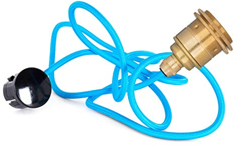1.8m Textilkabel Pendellampe BLAU | Textilkabel mit Fassung & Schuko-Stecker | E27 Gewindemantelfassung Messing (2 Schraubringe)