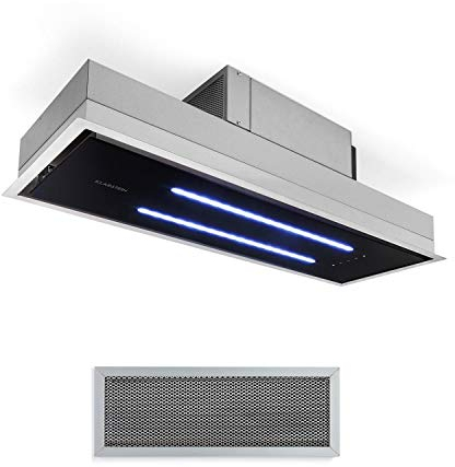 Klarstein High Line Ceiling Hood - Built-In, 90 cm, 410 m3 / h, Circulating/Exhaust Air, 3 Steps, LED, Remote Control, Activated Carbon Filter, Substructure Hood, Stainless Steel/Black Glass