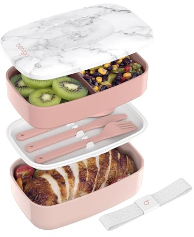 Bentgo Classic - Adult Bento Box, Stackable 3-Compartment Lunch Box with Removable Utensil Set and Sealing Strap, BPA-Free, Food Container Ideal for Meal Prep, Work, and On the Go (Blush Marble)