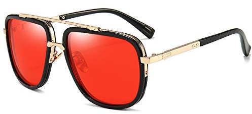 Dollger Übergroße Quadratische Sonnenbrille für Männer Frauen Pilot Shades Gold Frame Retro Brille(Gold schwarzer Rahmen/rot)
