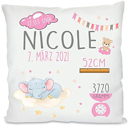 Personalisiertes Geburtskissen mit Namen und Geburtsdaten für Jungen und Mädchen inkl. Füllung 40x40cm | Foto Babykissen| bedrucktes Kissen | Geschenke zur Geburt, Taufe (Mädchen, mit Kissenfüllung)