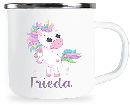 Personalisierte Kindertasse mit Name und niedlichem Einhorn Motiv Emaille Tasse individuelle Geschenke Geschenkidee Kind Mädchen Geburtstag Metallbecher Emailletasse