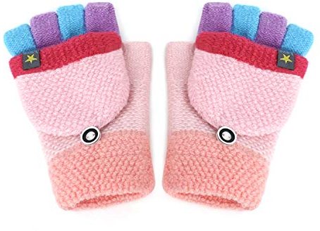 JINTN Kinder Halbfinger Handschuhe mit Flip Top Fausthandschuhe Strickhandschuhe Fünf Finger Fäustlinge Winterhandschuhe Gestrickte Fahrradhandschuhe, 3-10 Jahre alt (Rosa-E, One Size)