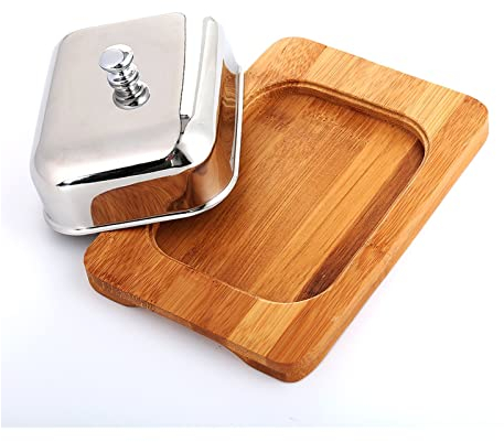 caihuashopping Mantequillera Caja de Mantequilla de Mantequilla de Acero Inoxidable Tenedor de Almacenamiento de Queso de Recipiente Bandeja de bambú con Espejo Tapa de Acabado Mantequera