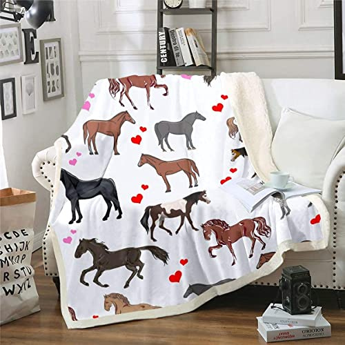 Loussiesd Niedliche Pferdedecke 150x200cm für Kinder Mädchen Ponys Herz Fleecedecke Ganzjahres Kuscheldecke Couch Sofa wirft Cartoon Nutztiere Sherpa Decke Pferd Fuzzy Wohndecke Atmungsaktiv Decke