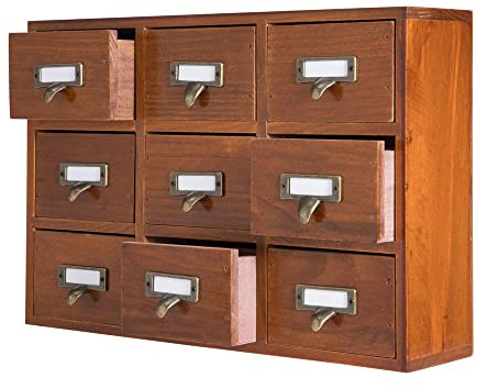PACKGILO 9 Drawers Library Card Catalog Cabinet with Labels Apothecary Cabinet Tabletop Apothecary Chests and Cabinets Herb Storage Box Wooden Desk Drawer Organizer Medicine Vintage Furniture(Brown)