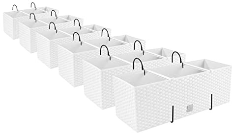 PAFEN 6X Blumenkasten Blumentopf Rattan-Optik mit Halterungen Pflanztopf Balkonkasten Pflanzkästen, Weiß
