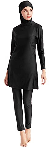 IMEKIS Muslimische Bademode f?r Frauen 3tlg Islamischer Arabischer Burkini Kopftuch Bescheidener Badeanzug Langarm Blumen Schwimmoberteil mit Hose Hijab Ganzk?rper Schwimmanzug Schwarz M