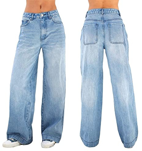Kvinnor Baggy Jeans High Waist Wide Leg Denim Jeans Y2K Loose Flare Denim Pants E-Girl Streetwear Pants Jeans för kvinnor (Color : Dark blue, Size : M)