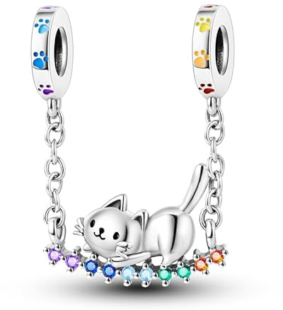 CYCUFF Colgantes de Plata de Ley 925 para Pulsera Europea y Collares Colgantes Abalorios Joyería Regalo para Mujeres Familia Amigos (Katze Regenbogen Swing Charm)
