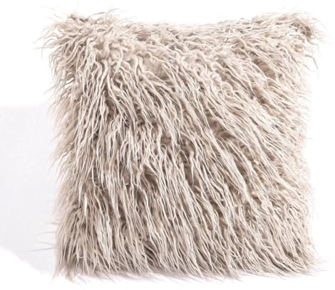 Wisafory 2er Set Kunstfell Kissenbezug Langhaar Plüsch Kopfkissenbezug Einfarbig Deko Kissenhülle Flauschig Kunstpelz Kissenbezüge SofaKissenbezug Zierkissenbezug Heimdeko 45x45cm Khaki