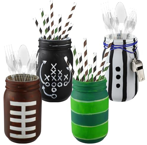 Yousoontic 4 Pcs Sports Themed Mason Jars Decor 17 OZ Football Mason Jar Centerpiece for Table Football Painted Decorative Jars Football Fan Gift for Birthday Party Bathroom Baby Shower Football Match