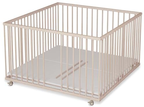 Sämann Laufstall Baby XXL 120x120 cm mit Matratze und 3 Schlupfsprossen | TÜV geprüft 2024 | stufenlos höhenverstellbar | Laufgitter Premium | Babybett aus Holz | Krabbelgitter natur
