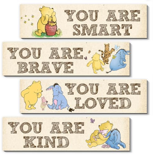 BirtDerr Winnie Room Decor- the Pooh Sign-Wooden Baby Stuff-Vintage Nursery Decor-4PCS Wall Decor Wall Art(Classic)-You Are Kind Brave
