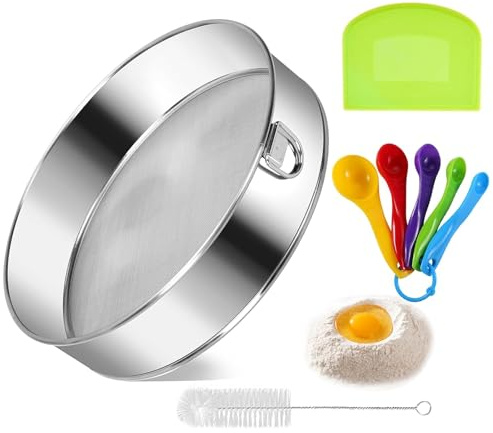 Flour Sifter 8-Inch Flour Sieve, Tamis 60 Mesh Sieve, Stainless Steel Flour Sifter for Baking Straining Powdering with Dough Scraper, Flour Sieve, Sieve Fine Mesh, Best Baking Lovers' Gift