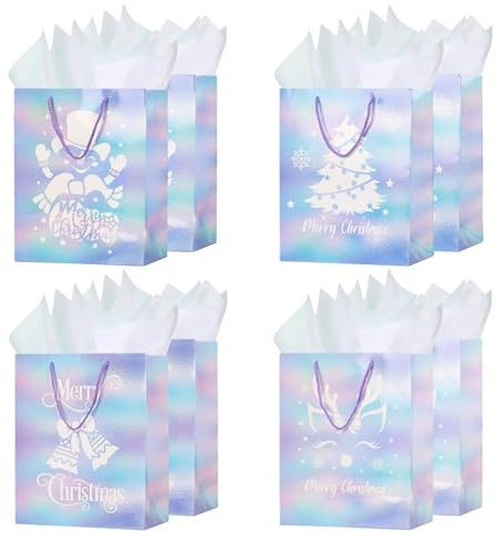 Weihnachtspapier-Geschenktüten mit Seidenpapier, 32,6 x 25,4 cm, große Weihnachts-Leckerli-Taschen mit Griffen, 4 verschiedene Weihnachtsbaum-Schneeflocken-Hirsch-Designs für Weihnachten, Neujahr,