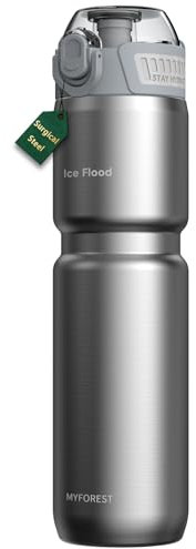 MYFOREST 24oz/700ml Insulated Bike Water Bottle, Surgical Steel: No Plastic Taste, Stronger Grip for MTB & Gravel, Gulp/Sip 2-in-1, Dirt Cap/Anti-Scratch (Glossy Steel)