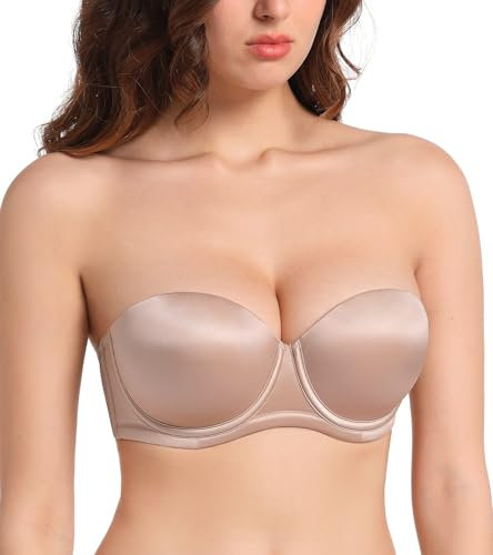 Lemorosy Damen Trägerloser BH Push Up Große Größen Gepolsterte Bügel Multiway Bra Abnehmbare Träger(Beige,85A)