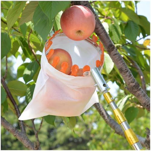 Obstpflücker Diameter 15cm Apfelpflücker mit Teleskopstiel aus Edelstahl und Baumwollbeutel Kirschenpflücker Pflaumenpflücker Obstsammler für Kirschen Reaching Inaccessible Places in Fruit Trees