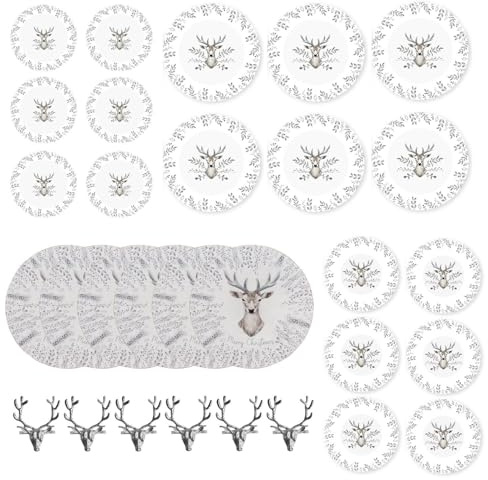 Christmas Tableware Set for 6 Silver Stag Design Festive Table Decoration Dinner Plate, Side Plate, Bowls, Napkin Rings - 30pc