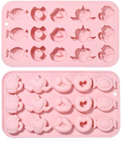 Stiesy 2Pcs 15 Cavity Love Silicone Moulds Reusable Silicone Heart Lip Shape Fondant Cake Mould Valentine's Day Chocolate Molds for DIY Candy Baking Ice Pudding Soap Creative Handicrafts