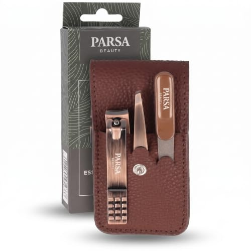 PARSA Beauty Men Maniküre-Set 3-teilig, Nagelpflegeset Herren, Bronze | Sauberes Kürzen ohne Splittern, Sanftes Formen & Glätten, Exaktes Zupfen & Entfernen, Kompaktes Reiseetui