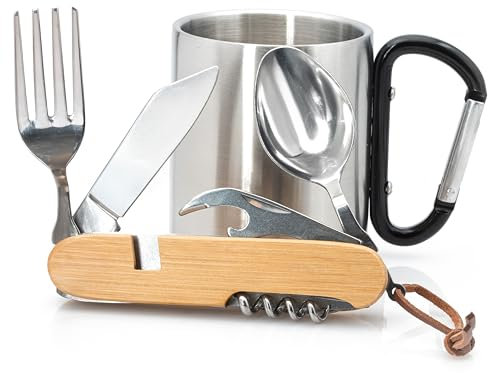 Wander Set - Edelstahltasse mit Karabinerhaken & Wanderbesteck - Taschenmesser mit Gabel, Löffel & Messer & mehr