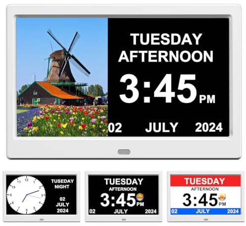 TIMEMOON Sveglia con giorno e data per anziani, calendario digitale da 17,8 cm, cornice per foto, display dimmerabile automatico, 15 opzioni di sveglia, orologio con giorno e mese non abbreviati (25,4