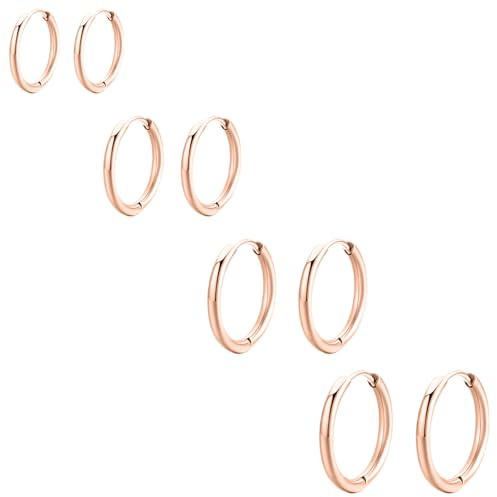 WOZNU 4Paar Kleine Creolen Silber 925 für Damen Mädchen 14K Vergoldet Creolen Gold Ohrringe Set Hypoallergen Cartilage Daith Helix Piercings Ohrringe für Mehrere Piercings 6/8/10/12MM Roségold