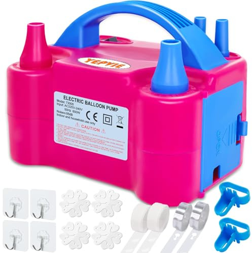 YEPVIE Bomba de globos eléctrica, 600W Kit de bomba eléctrica de globos con 14 kits de guirnalda de globos, 2 modos de inflado y doble boquilla Bomba de globos eléctrica portátil para decoración de
