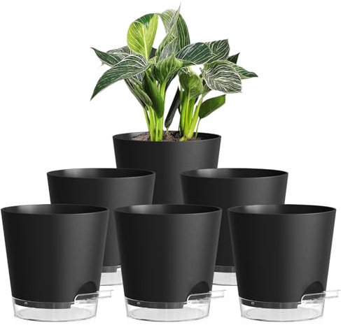 15cm Self Watering Plant Pots Indoor, 6 Pack Plastic Planters with Drainage Holes & Saucer, Ideal for All Indoor Outdoor House Plants(Black With Transparent Drainage)