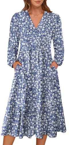 ANRABESS Women's Long Lantern Sleeve Floral Midi Dresses 2026 Spring V Neck Casual Flowy A-line Tiered Boho Vacation Dress Floral Blue Large