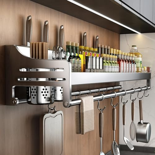 Generico Portacoltelli e portaspezie - Portautensili da Parete in Acciaio Inox 304 con ripiano per spezie per Una Facile organizzazione della Cucina