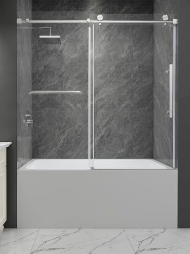 FELYL 55-60 W x 59 H Frameless Bathtub Single Sliding Shower Door Tub Glass Shower Doors with 5/16 (8mm) Ultra-Clear Tempered Glass in Brushed Nickel Color, Reversible Installation
