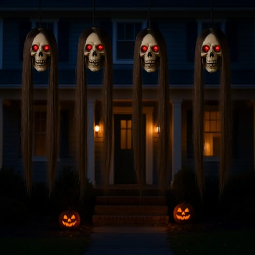 4 Pack Halloween Outdoor Decorations, Hanging Eyes Emit Light Long-Haired Skeleton Decor Supplies, Haunted Creepy House Halloween Flying Decorations with Yard Tree Porch Garden Party Indoor Décor