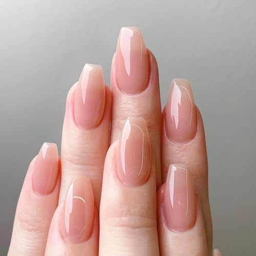 Ceboic 24Pcs Press on Nails Mittel Lang, Nude Farbverlauf Nägel zum Aufkleben Sarg Acryl Full Cover Kunstnägel, Natürlich Künstliche Nägel French Fake Nails für Frauen Mädchen DIY Maniküre