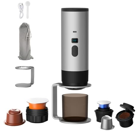 Generico Macchina Caffe Portatile 3-in-1, Macchina per Caffè Espresso con Display LED e Type-C per Viaggi, Ufficio e Auto, Auto-Riscaldamento in 3-5 Minuti (Grigio (Con supporto e velluto))