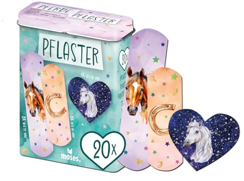 moses. Cerotto per cavalli – 20 cerotti per bambini in 3 misure con motivo cavallo, elastico e permeabile all'aria, cerotto in pratica scatola per pavimentazione in metallo, per piccole ferite, ideale