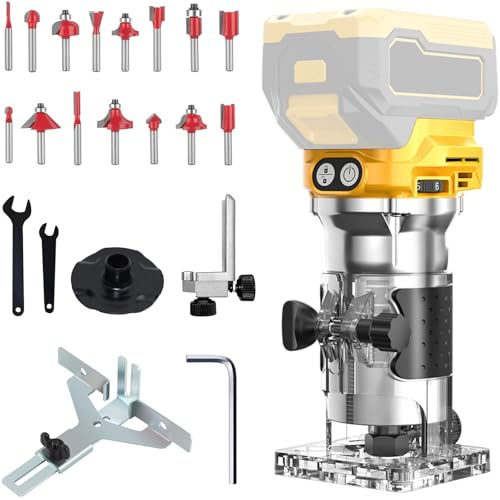 Cordless Router Compatible with Dewalt 20V Battery – Brushless Handheld Palm Routers with 6 Speed, Portable Wood Router Tool for Woodworking, Hand Edge Trimmer with 15 Milling Bits Set (Not Battery)