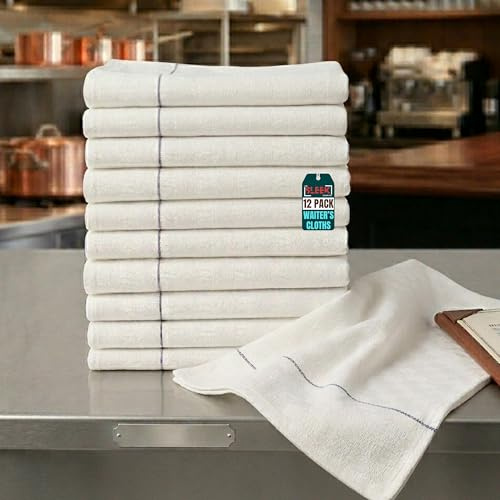 100% Cotton Waiters Cloth – Pack of 12 – Super Absorbent Service Tea Towels for Restaurants, Bars & Kitchens – Durable & Quick-Dry Catering Cloths – Reusable White Towels for Home & Professional Use