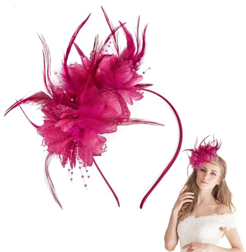 ELNX Fascinator Donna, Accessorio per Capelli Rosa con Piume e Rete, Cappello retrò con Fiori per Matrimoni, Balli di Gala, Cocktail Party e Eventi Sportivi