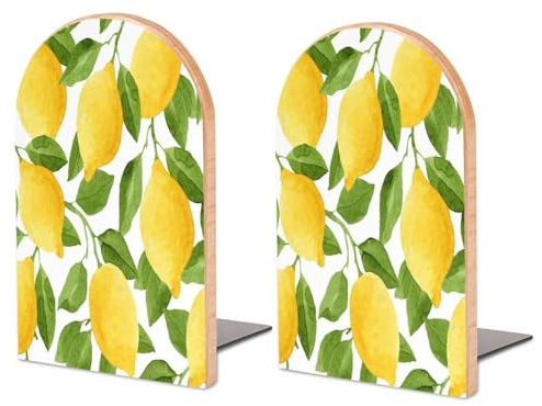 Serre-Livres en Bois Motif Feuilles de citronnier, Lot de 2, antidérapants, pour étagères, Cuisine, Bureau, bibliothèque, 17 x 11 x 9 cm