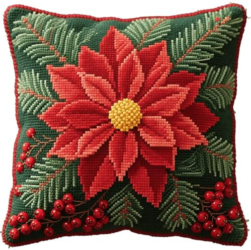 Henypt Kit de Almohadones con Cierre de Gancho flores de Navidad Kit De Cojines De Pestillo 43X43cm Funda de Cojín para Sofá, Latch Hook Manualidades Kits