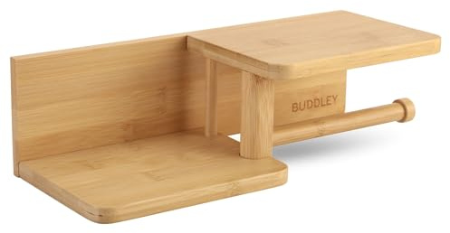 BUDDLEY Toilettenpapierhalter Bambus FSC - Mit Ablage - Selbstklebend - Ohne Bohren - WC Rollenhalter Holz - 31 x 12,5 x 9 cm