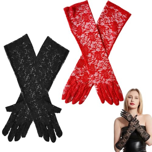 YAZWUR Set de 2 Gants Longs en Dentelle pour Femme, Élégante Florale, Accessoire Gothique pour Fête des Années 1920, Mariage, Mariée, Cosplay, Carnaval (40 cm Longueur au Coude) (Noir + Rouge)