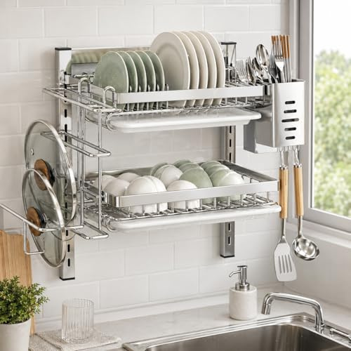 Escurridor de platos colgante de 2/3 niveles, escurridor de pared ajustable con escurridor, ganchos y soporte para cubiertos, práctica instalación sin taladrar (tamaño: 2 capas)